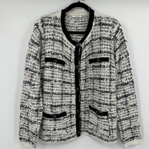 Sioni Womens XL Tweed Knit Cardigan Sweater White Black V-Neck Button Front Trim